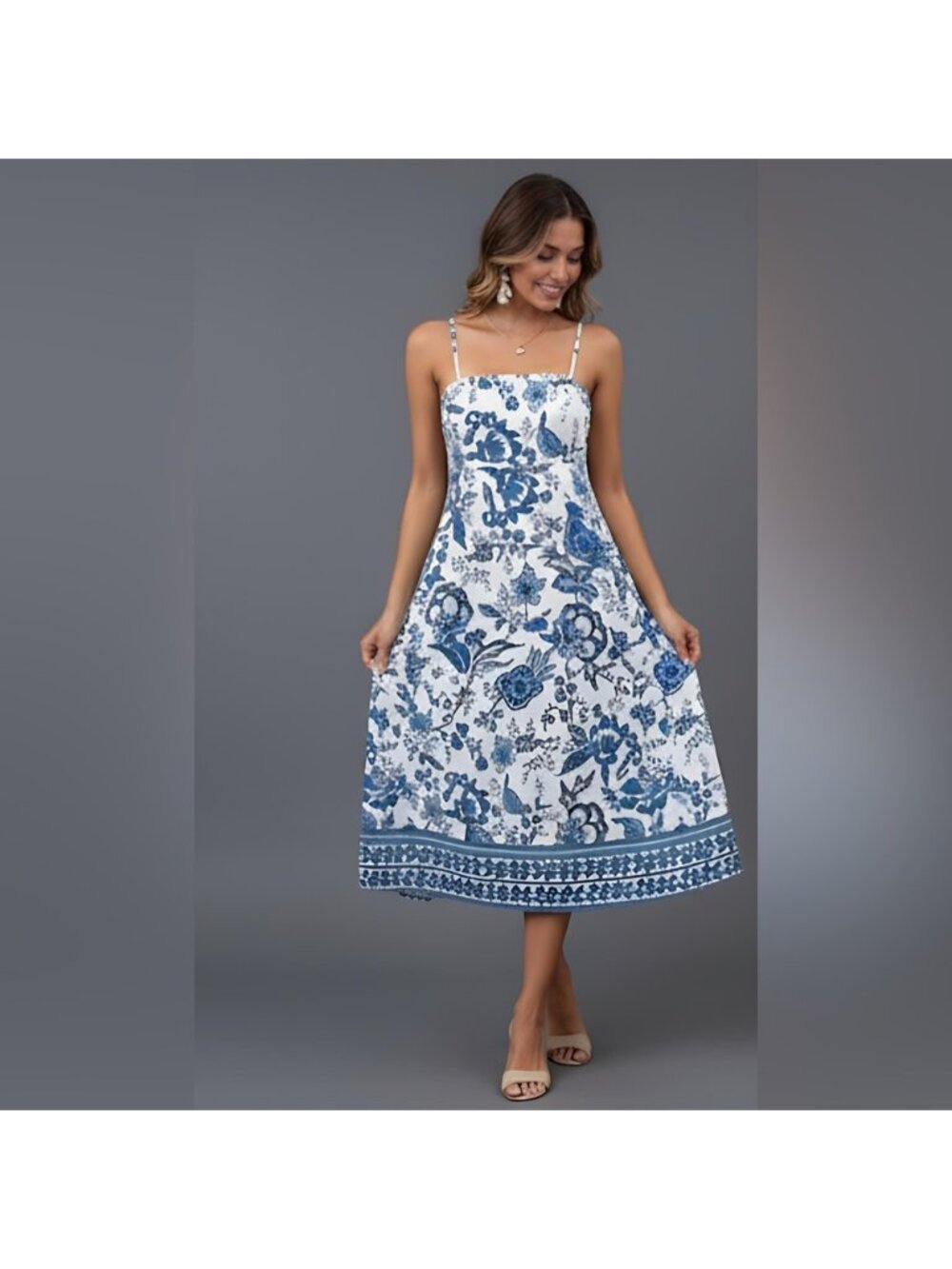 Blue/White Floral Spaghetti Strap Shirred Dress